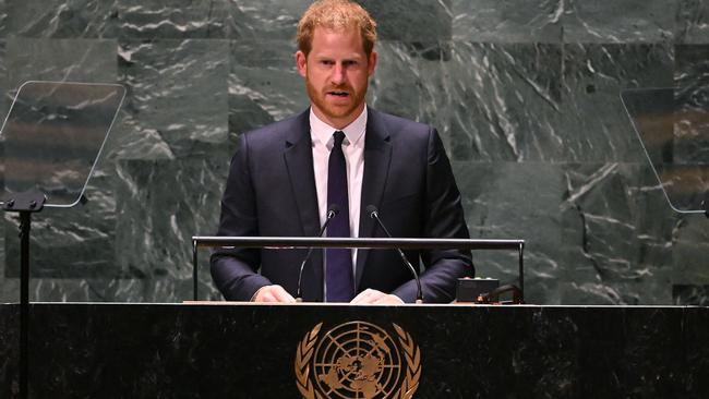 Prince Harry delivers the keynote address at the Nelson Mandela Prize award ceremony at the United Nations. Picture: AFP.