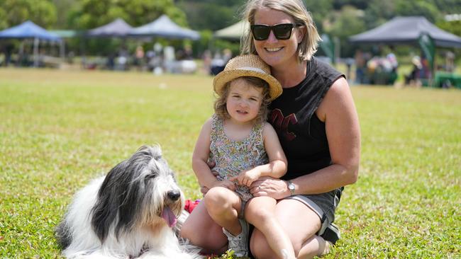 Henry the sheepdog with Hazel and Alana Young at the FNQ Dogs Day Out Festival on Saturday. Picture: Nuno Avendano