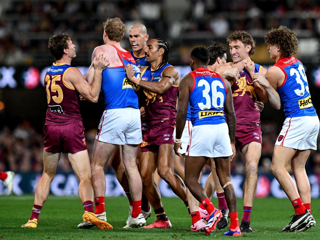 Players from both sides were involved in an early dust up. Picture: Bradley Kanaris/Getty Images