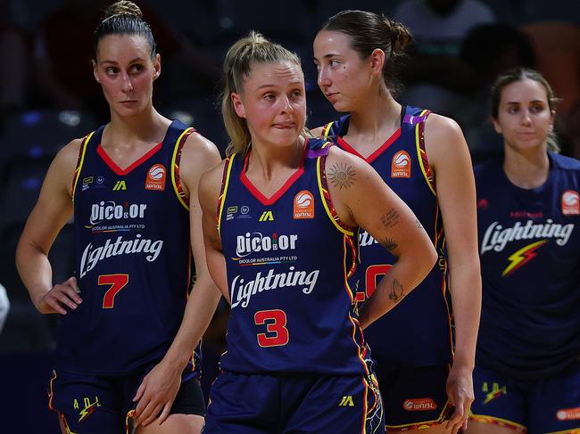 ADELAIDE, AUSTRALIA - NOVEMBER 29: Lightning players Brooke Basham of the Adelaide Lightning and Steph Talbot of the Adelaide Lightning after the 1point loss during the round five WNBL match between Adelaide Lightning and Townsville Fire at Adelaide 36ers Arena, on November 29, 2024, in Adelaide, Australia. (Photo by Sarah Reed/Getty Images)