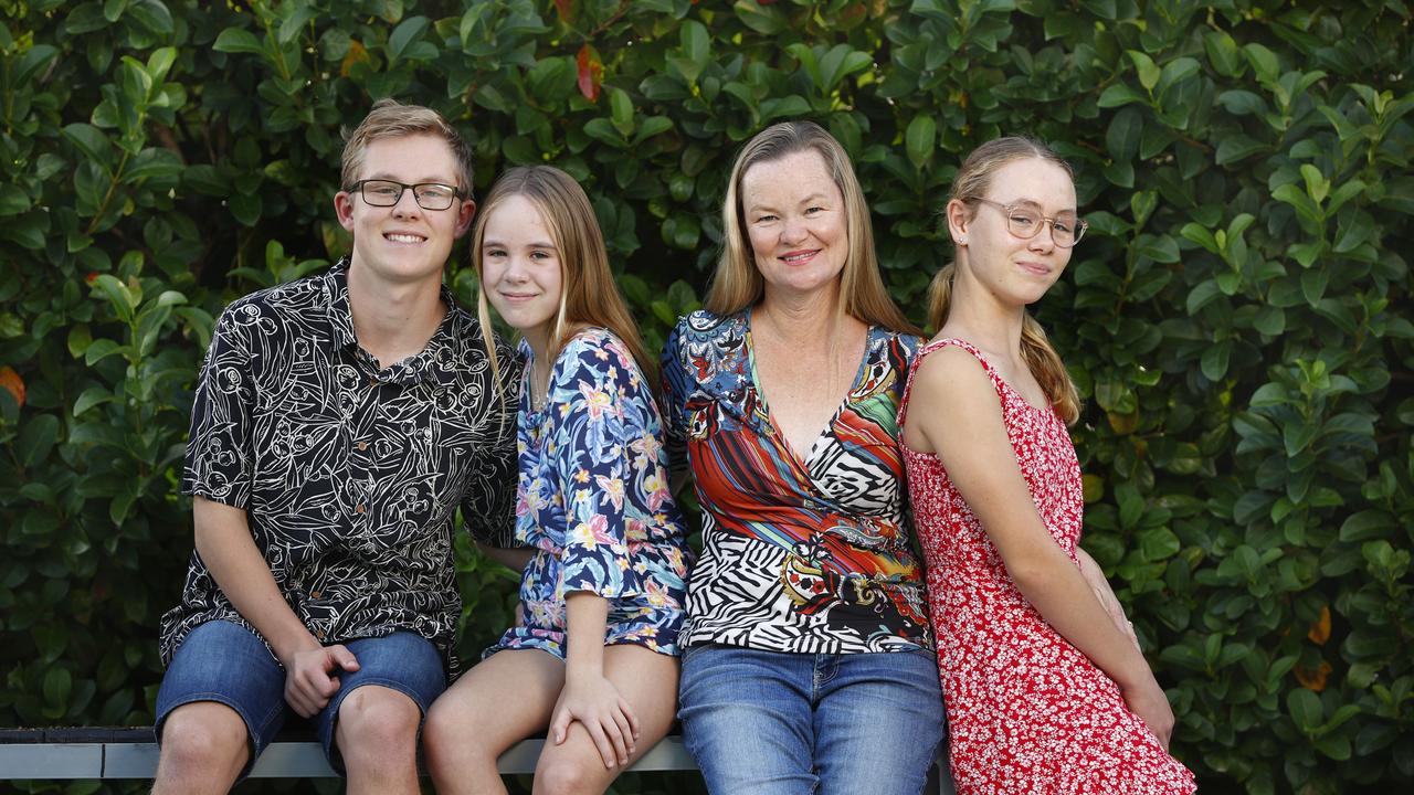 Clare Basanovic with her kids Matthew 15, Emily, 10 and Jessica, 13. Clare believes that manageable student teacher ratios allow for “individualised” learning. Picture: Richard Dobson