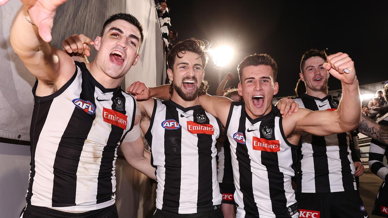 Brayden Maynard, Josh Daicos and Nick Daicos after Collingwood’s semi-final win. Picture by Michael Klein.