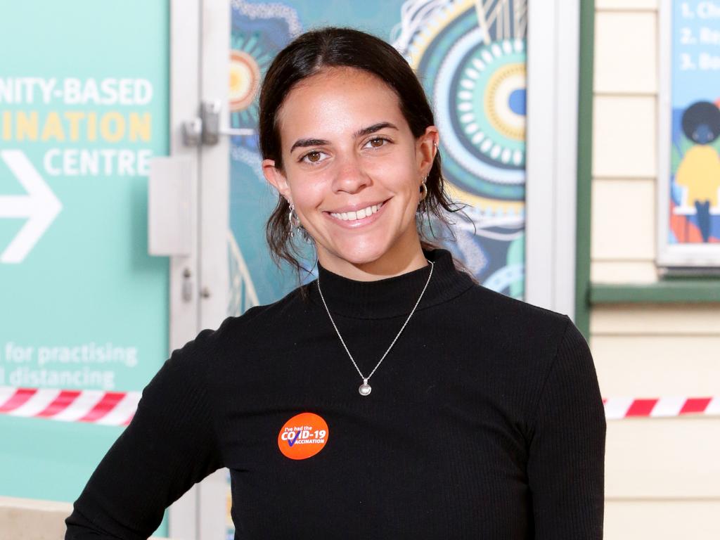 The Courier-Mail journalist Rachael Rosel after she was vaccinated for COVID-19. Picture: Steve Pohlner