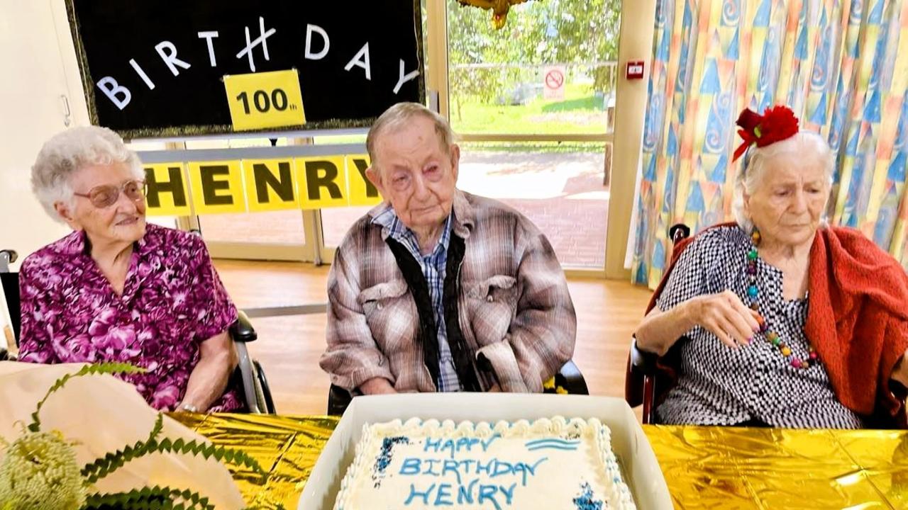 Former Bemerside cane-farmer Henry Lyon, born in Macknade, marks this 100th birthday, flanked by fellow centurions and Ozcare Magdalene Villa residents Giuseppina “Joyce” Di Giacomo, also born in Macknade, and Elsa Tanto, who respectively are marking their 101st and 102nd birthdays this month. Picture: Cameron Bates