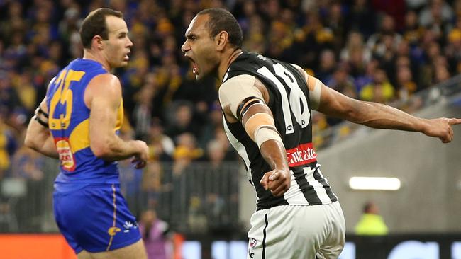 Travis Varcoe celebrates a goal for the Magpies. Picture: Getty Images