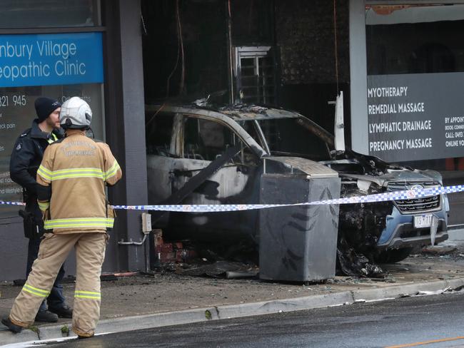 A tobacco shop went up in flames in High St, Thornbury in September last year during the raging tobacco wars. Picture: David Crosling