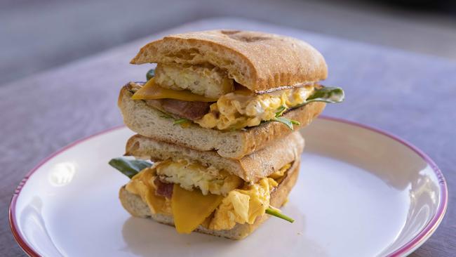 The bacon, egg and hash brown sandwich. Picture: Mark Cranitch.