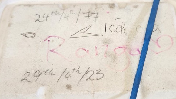 A container of ashes has been mysteriously left on a bus prompting police to find its owner.  It had the word Ranga written on it. This container of ashes was left on a bus in Rockingham on 24/02/24. Picture: Rockingham Police.