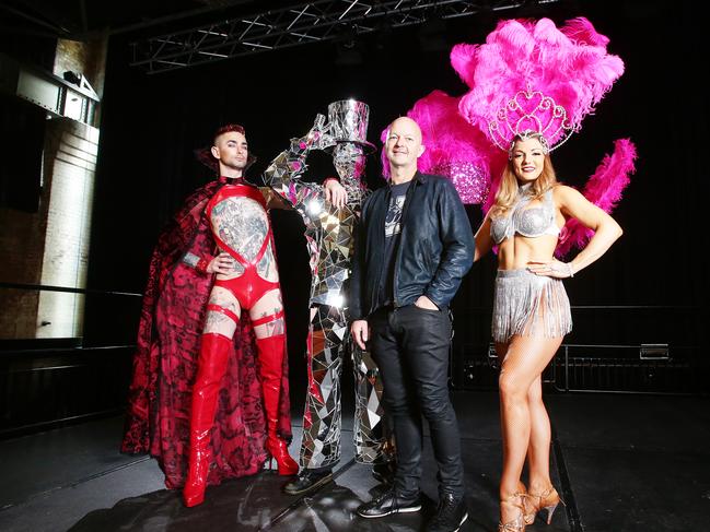 Matthew Bonasia (Kryptonite), Chris Braithwaite and Madalyn Milazzo pose with Brisbane Festival Creative Director David Berthold (in black) at The Powerhouse. Picture: Claudia Baxter