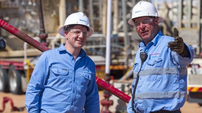 Christian Winterfield with Adrian Rietschel, Santos Site supervisor, at the Santos Carbon Capture storage project in South Australia. Picture: Kelly Barnes