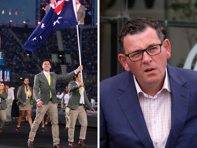 Premier Dan Andrews and Australia's flagbearers for the 2022 Commonwealth Games in Birmingham, Eddie Ockenden and Rachael Grinham. Photo: NCA NewsWire and David Ramos, Getty.