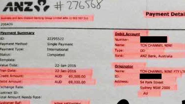 REDACTED VERSION - ANZ Payment Detail Report showing payment of $69,000 from TCN Channel Nine Pty Ltd to Adam Whittington for Investigation Into My Missing Child. Picture: Supplied