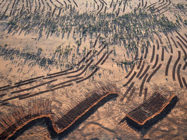 An aerial view shows earth works in preparation for flood mitigation near the town of Whitecliffs. Picture: AAP