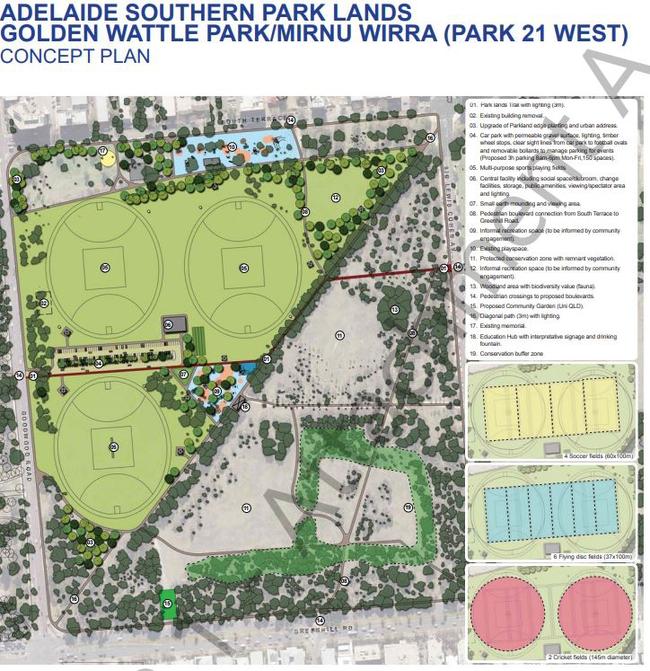 The concept plan for Golden Wattle Park/Mirnu Wirra, to turn it into a community sporting hub.