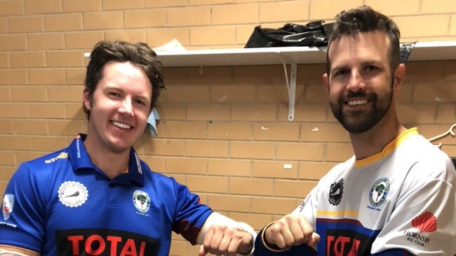 Northern Districts cricketer Axel Cahlin being congratulated by captain Ben Davis. Pic: Supplied