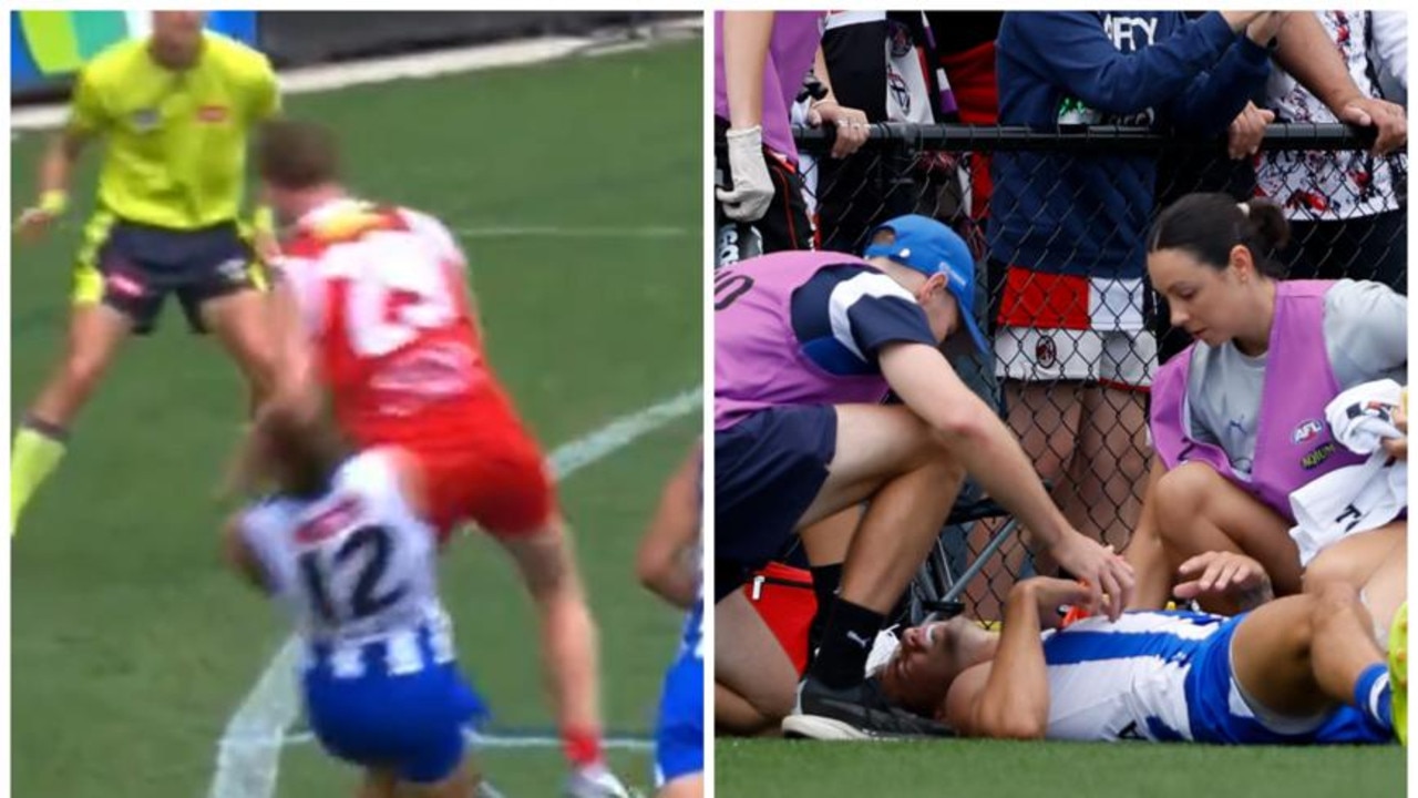 Jimmy Webster knocked out Jy Simpkin. Photos: Fox Footy