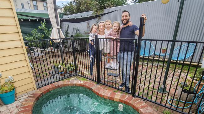 Richmond spa owners Adam and Ella Brown with children Sadie, Zara and Luka. Picture: Rob Leeson.