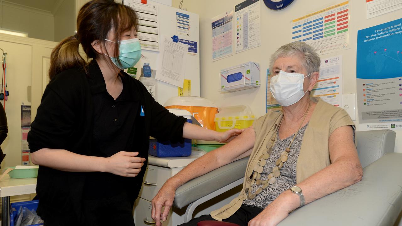 Anne Hyslop receives her COVID-19 vaccine at the Albert Park Medical Centre. Picture: NCA NewsWire/Andrew Henshaw