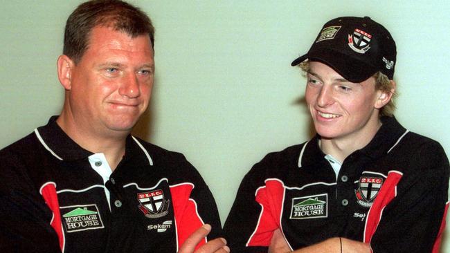 24/11/2002. AFL National Draft. St Kilda coach Grant Thomas with new recruit Brendon Goddard. PUBLISHED 30/01/2003. PGE 65