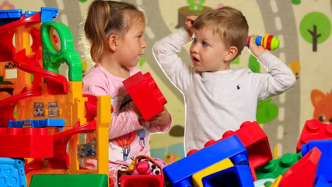 Zemmi, 3, and Patrick, 3, at the Playful Possums Playgroup at the Pimpama Uniting Church. Picture: Adam Head