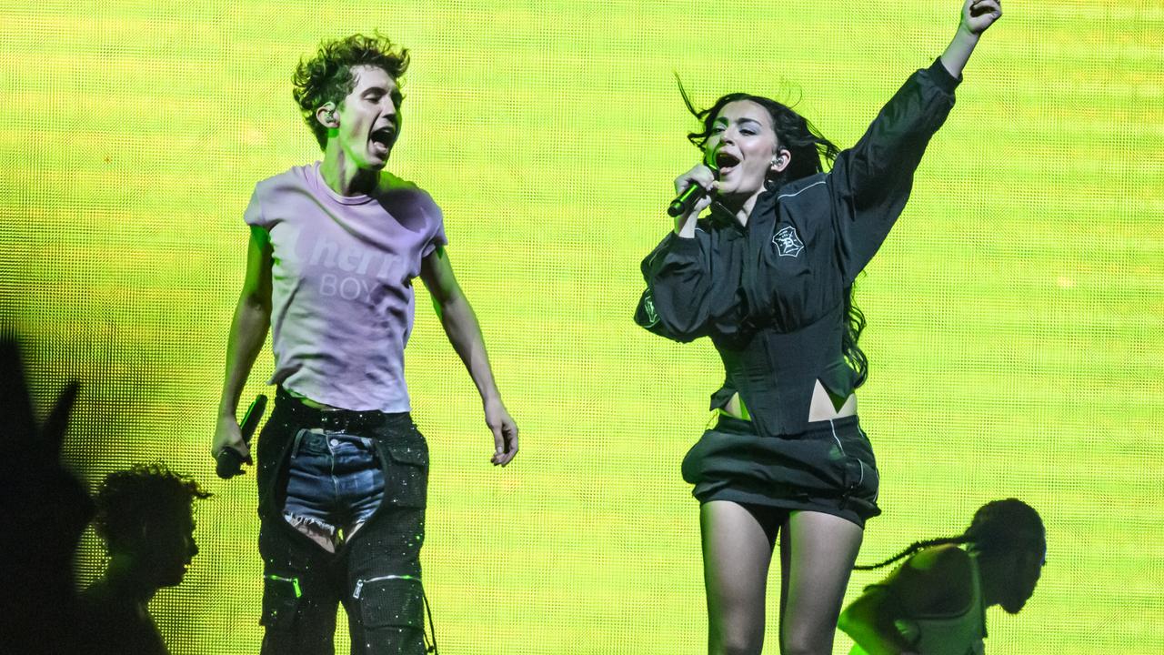 Charli XCX on stage with Aussie star Troye Sivan at Wembley Arena this year — the year of brat. Picture: Katja Ogrin/Redferns