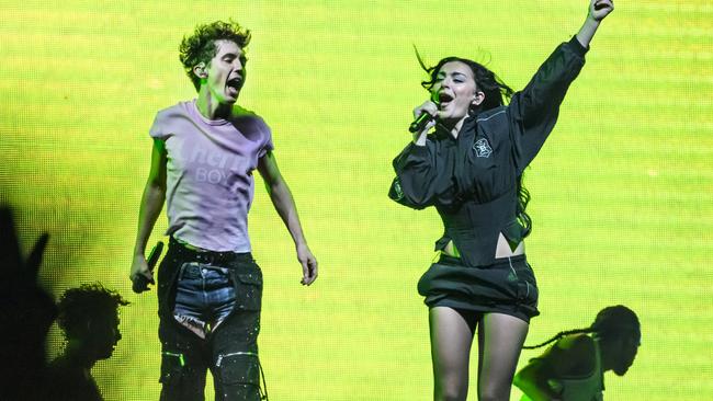 Charli XCX on stage with Aussie star Troye Sivan at Wembley Arena this year — the year of brat. Picture: Katja Ogrin/Redferns