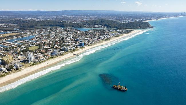 An aerial photo of construction of the artificial reef off Palm Beach. Picture: Gold Coast City Council