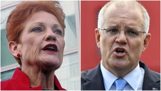 Left In this June 21, 2018, file photo One Nation party senator Pauline Hanson addresses the media at Parliament House in Canberra, Australia. Australia's Prime Minister Scott Morrison, on Tuesday, March 26, 2019, accused the One Nation party of trying to "sell Australia's gun laws to the highest bidders" by asking the U.S. gun lobby for donations. (AP Photo/Rod McGuirk, File) Right - Prime Minister Scott Morrison was joined by the Member for Banks and Minister for Immigration David Coleman in Hurstville, Sydney, Wednesday, March 27, 2019. The Prime Minister was announcing a $250 million dollar congestion-busting funding boost. (AAP Image/Dean Lewins) NO ARCHIVING