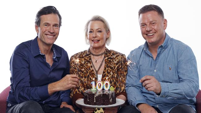 Breakfast radio hosts celebrate 100 years of commercial radio in Australia. Brendan Jones, Amanda Keller and Ben Fordham. Picture: Sam Ruttyn