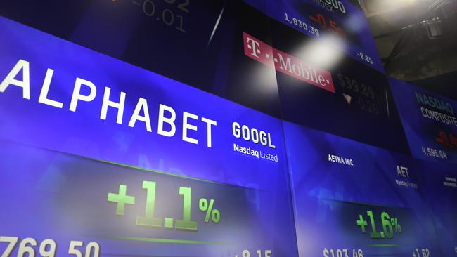 Electronic screens post the price of Alphabet stock.