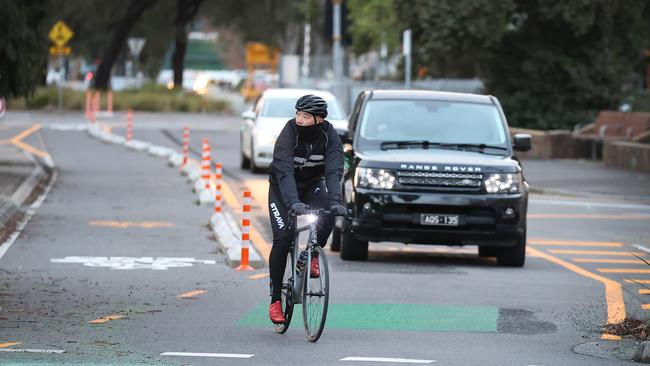 Merging bike lanes at Bridge and Evans streets Port Melbourne. Picture: David Caird