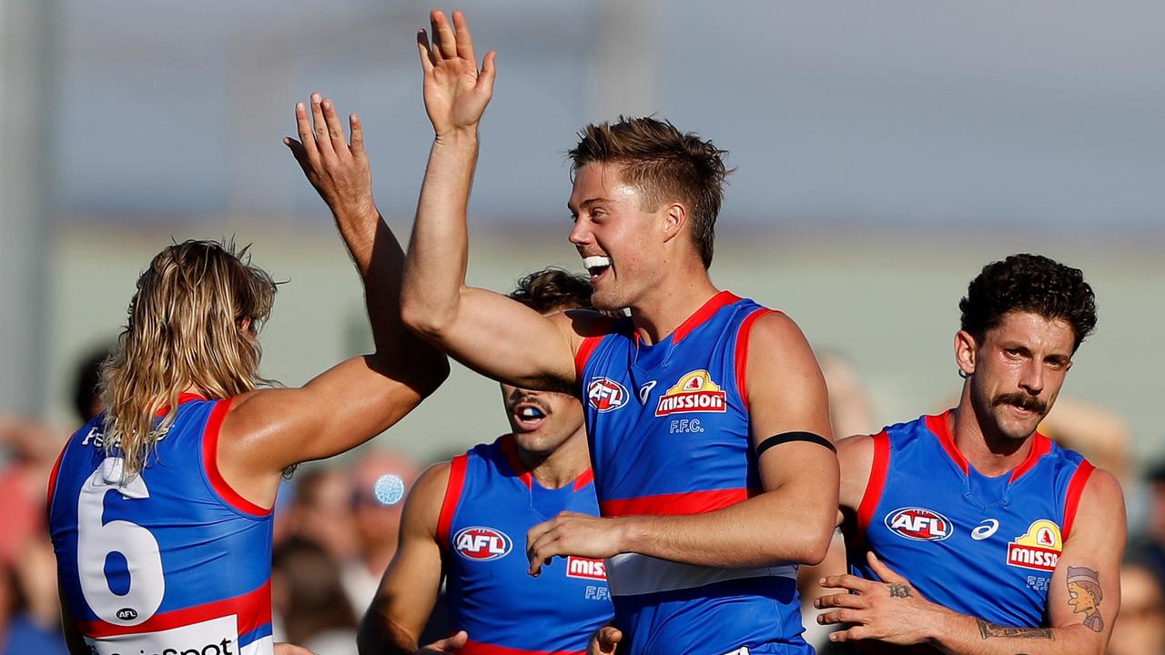 Josh Schache booted two late goals for the Bulldogs. Picture: Dylan Burns/AFL Photos