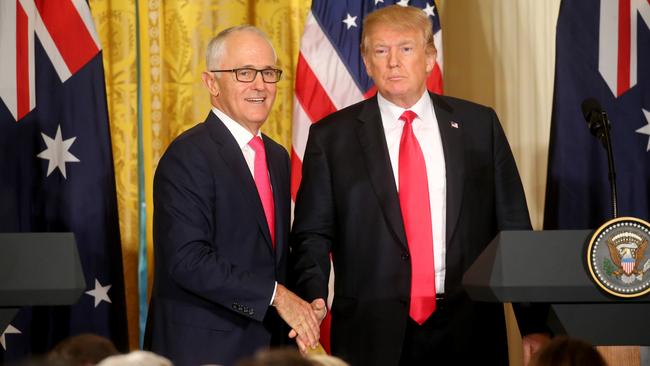 Donald Trump and Malcolm Turnbull hold a joint press conference in the East room at the White House in Washington DC. Picture: Nathan Edwards