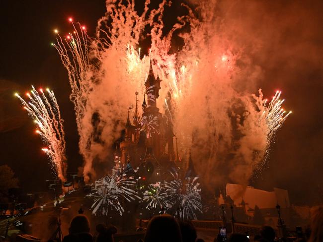 The Disney Electrical Sky and Disney Dreams parade in front of the castle during the Disneyland Hotel reopening at Disneyland Paris on February 3, 2024. Picture: Getty