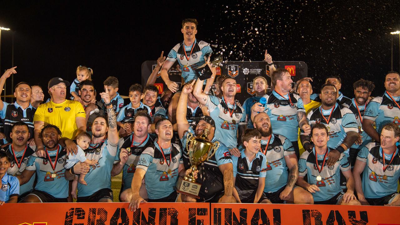 Northern Sharks celebrate winning the 2023 NRL NT grand final. Picture: Pema Tamang Pakhrin