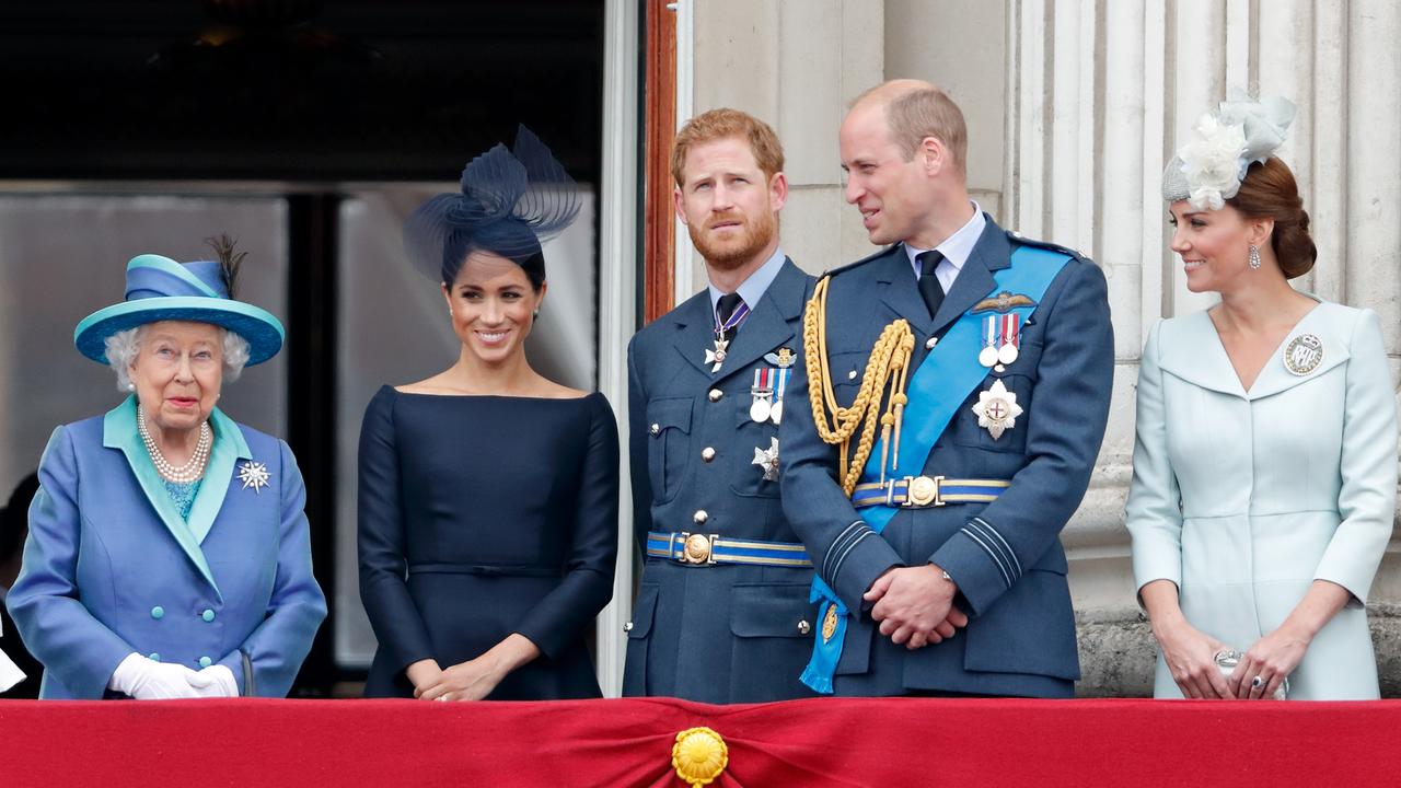 2018: Queen Elizabeth II, Meghan, Duchess of Sussex, Prince Harry, Duke of Sussex, Prince William, Duke of Cambridge and Catherine, Duchess of Cambridge watch a fly-past to mark the centenary of the Royal Air Force on July 10, 2018. Picture: Max Mumby/Indigo/Getty Images