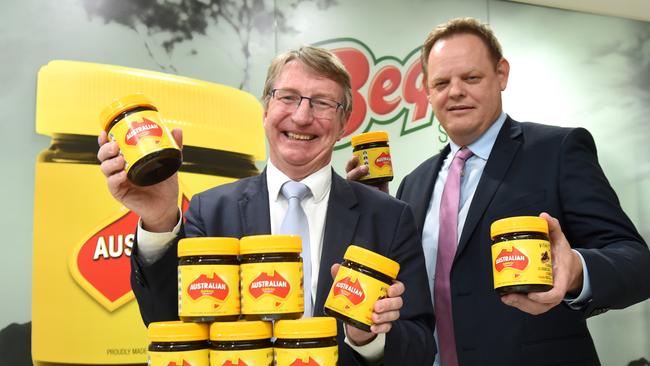 Bega chairman Barry Irvin (left) and Paul van Heerwaarden pictured after the company’s purchase of Vegemite. Picture: Kylie Else