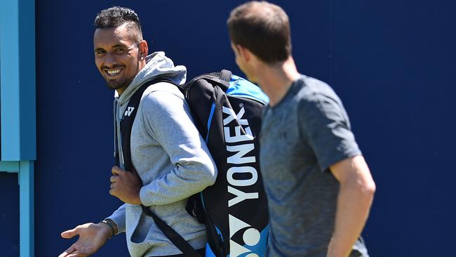 Australia'’ Nick Kyrgios acknowledges Andy Murray at Queen's Club. Picture: AFP.