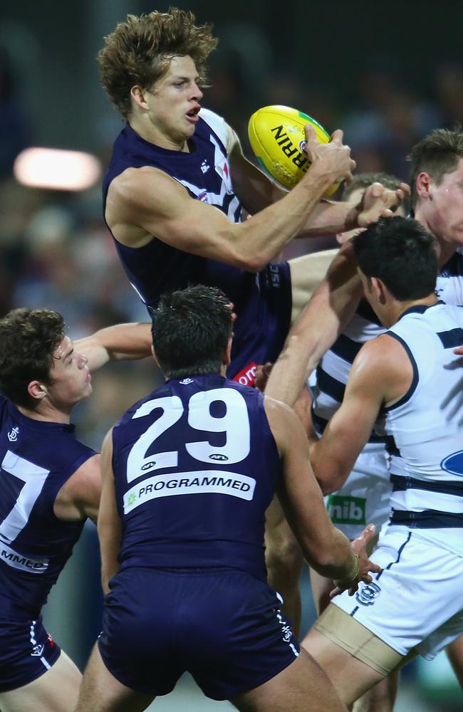 Nat Fyfe takes a mark during the game against Geelong. Picture: Scott Barbour/Getty Images