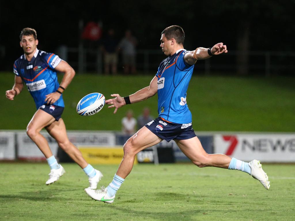 Pride's Jake Clifford kicks after the fifth tackle in the QRL ISC rugby league match between the Northern Pride and the Wynnum Manly Seagulls, held at Barlow Park. Picture: Brendan Radke