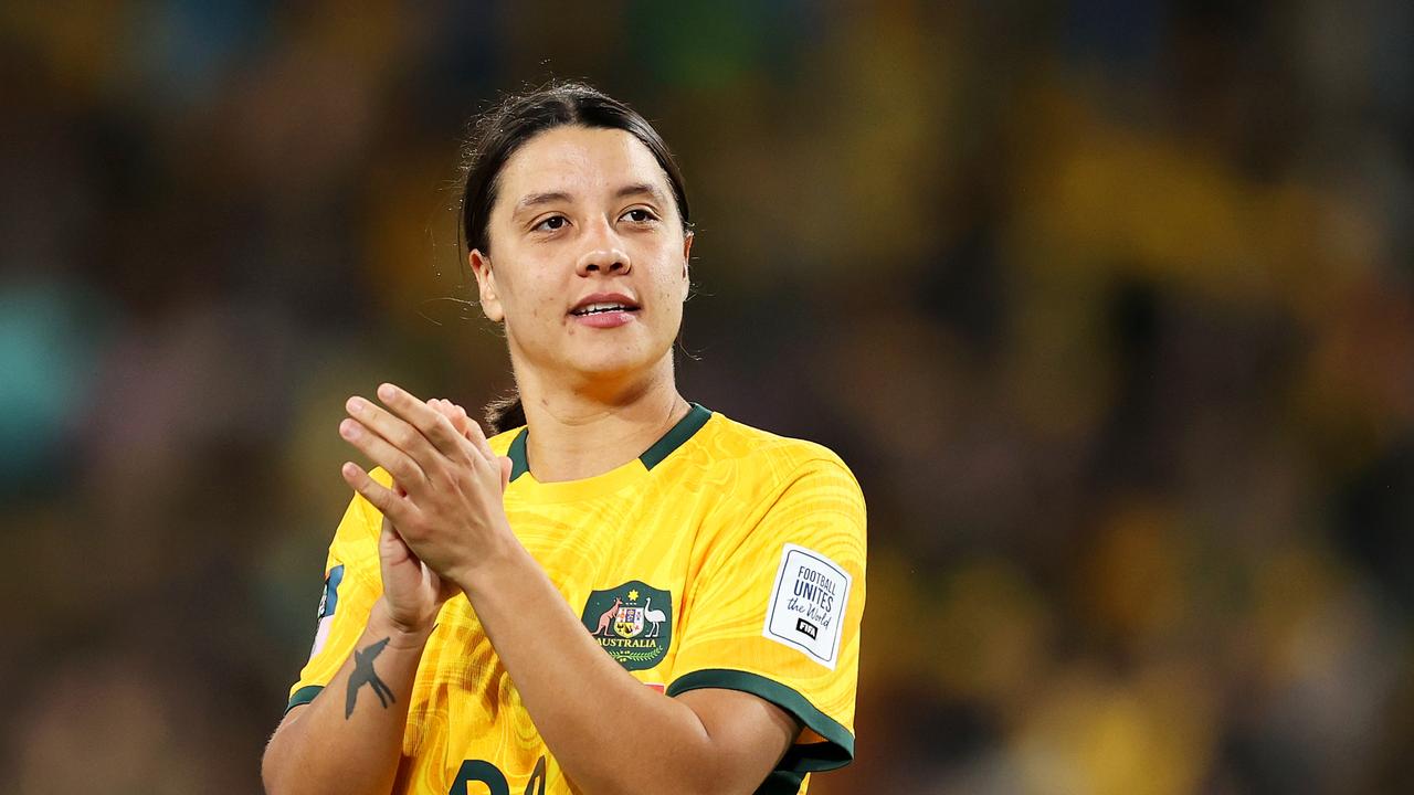 Sam Kerr celebrates after Australia’s victory over Denmark. Picture: Getty