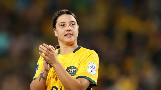 Sam Kerr celebrates after Australia’s victory over Denmark. Picture: Getty