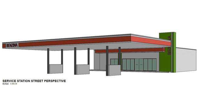 MAJOR PLANS: Artist impressions of proposed development &#39;Roxi&#39;s Marketplace&#39; on Moores Creek Rd from the commercial street perspective. INSET LEFT: Artist&#39;s impression of the service station perspective. RIGHT: The land, circled red, at 353 Moores Creek Rd is up for sale for $995,000. Picture: Bluewater Property Trust