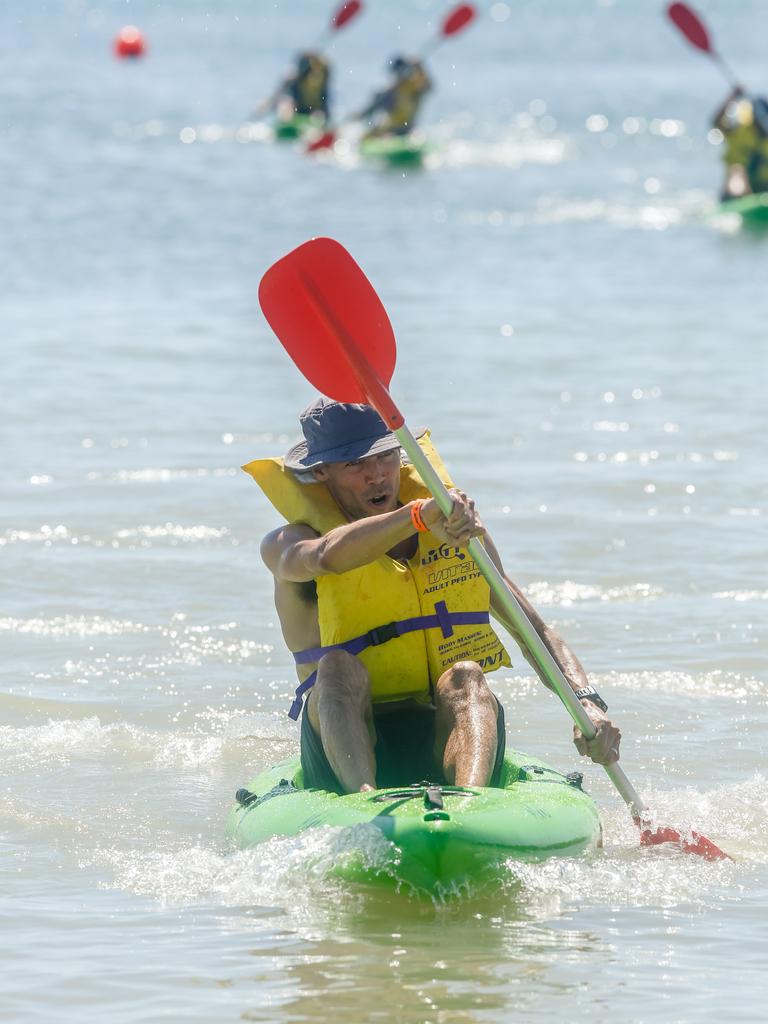 Ryan Cross winning the Mens Kayak race at the 2019 Beer Can Regatta at Mindel Beach. Pic Glenn Campbell