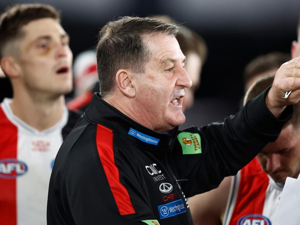 MELBOURNE, AUSTRALIA – JUNE 08: Ross Lyon, Senior Coach of the Saints addresses his players during the 2024 AFL Round 13 match between the St Kilda Saints and the Gold Coast SUNS at Marvel Stadium on June 08, 2024 in Melbourne, Australia. (Photo by Michael Willson/AFL Photos via Getty Images)