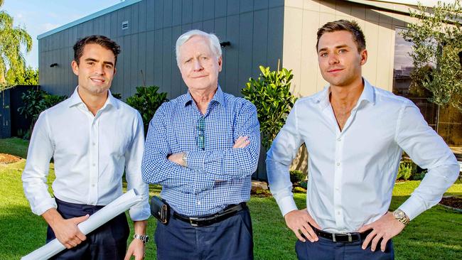 Developer Kevin Seymour (centre) with grandsons Trent Seymour and Ben Seymour at the site of their new display suite for 'The Oxlade' on Oxlade Drive, New Farm. Picture: AAP Image/Richard Walker