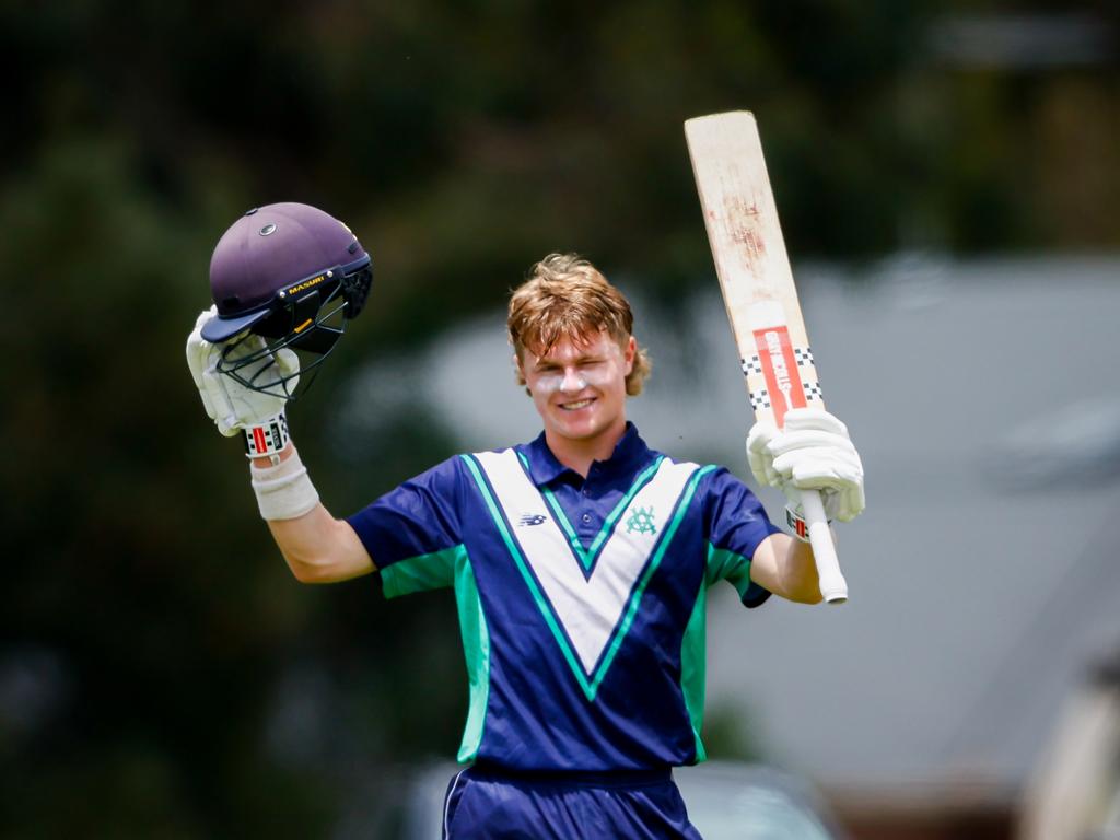 Oliver Peake raises the bat after a hundred against Tasmania. Picture: Dylan Burns.