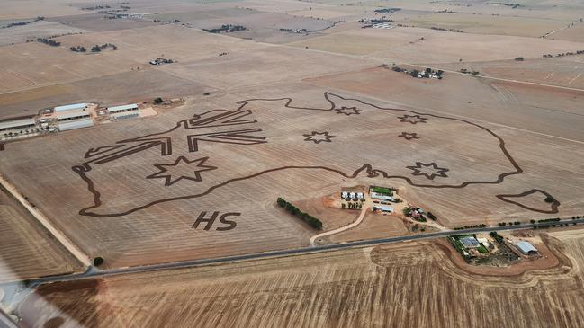 Harry Schuster’s giant map of Australia that he mowed into a paddock at Freeling, north of Adelaide, ready for Australia Day.