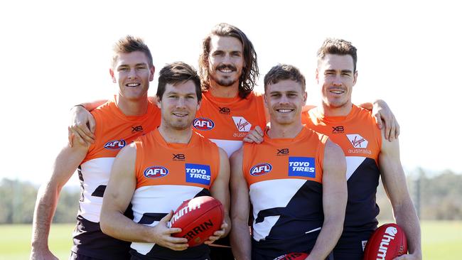 GWS Giants have reached a milestone 30,000 members, a record for the new club. L-R Adam Tomlinson, Toby Greene, Phil Davis, Adam Kennedy and Jeremy Cameron are 5 players who played in the Giants first ever game and will all take part in this weekends game. Picture: Toby Zerna