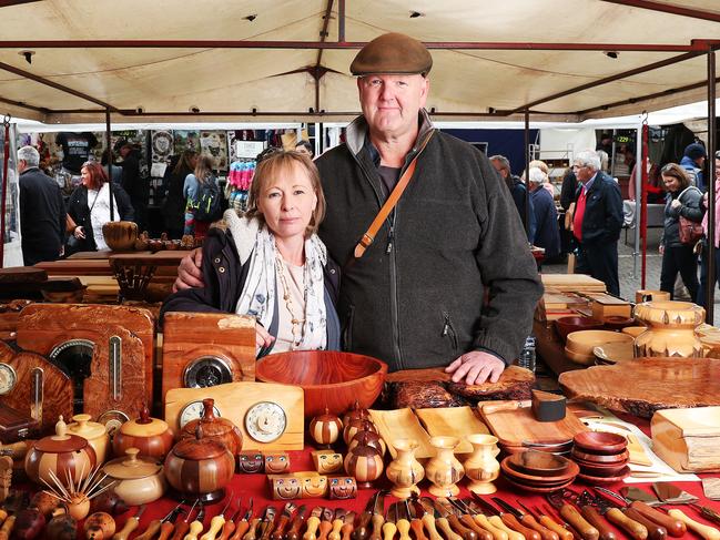 SUN TAS.  Linda and Justin Fry who operate stall Salamanca Woodcraft at the Salamanca Markets and have done for 29 years are concerned how a closure to the market due to coronavirus/COVID-19 will impact stallholders like themselves who solely trade out of the Salamanca Market.  Picture: NIKKI DAVIS-JONES